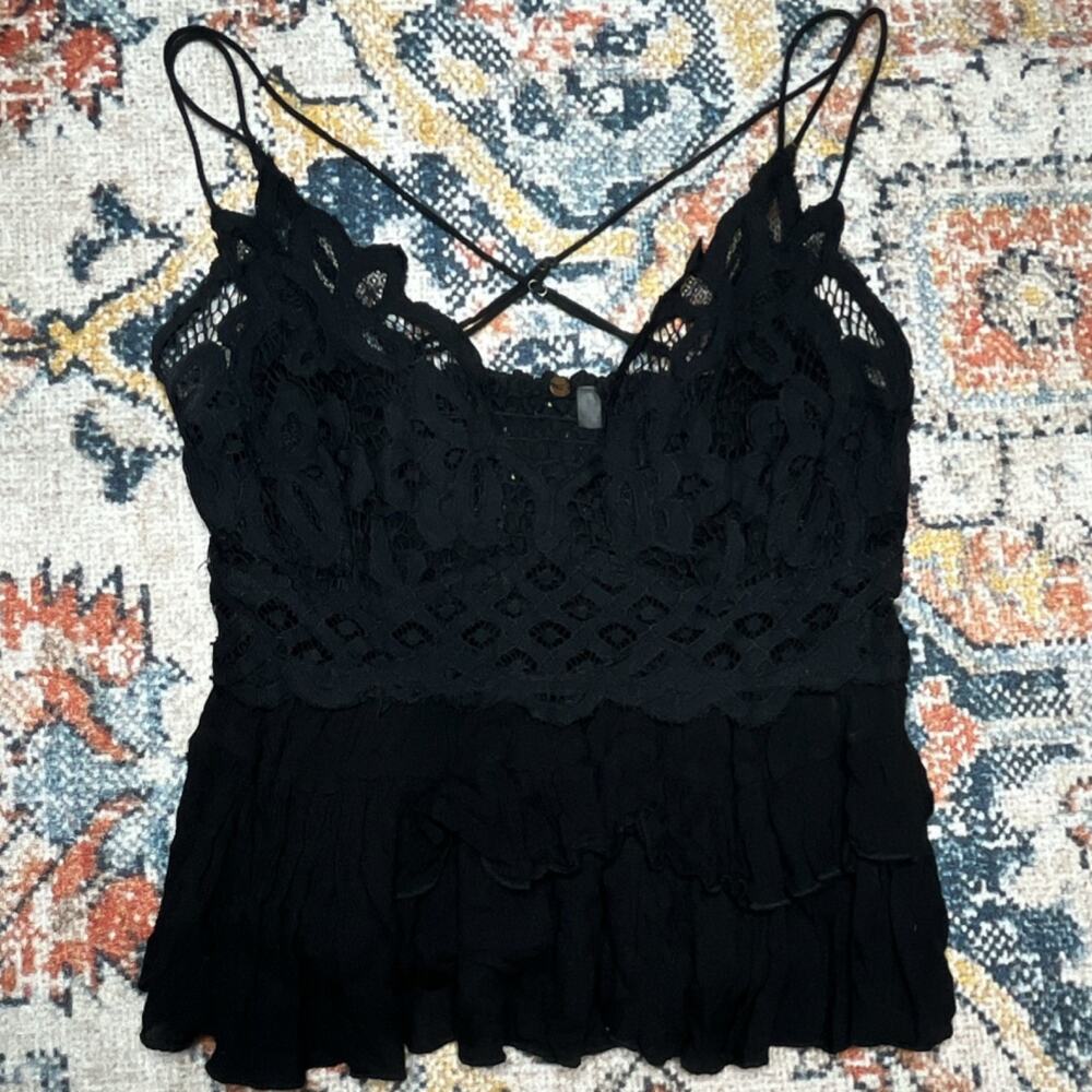 Free People Adella Cami Lace Smocked Ruffle Peplum Tank Top Black Medium